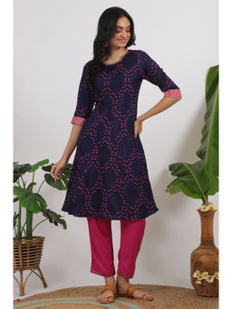 W - Navy Blue Floral Printed Straight Shantung Kurta and Pant (Set of 2)