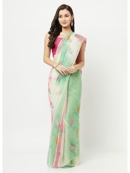 La Vastraa - Hand Painted Green-Pink Shaded Chiffon Saree With Unstitched Blouse