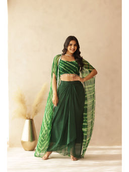 DEASHA INDIA - Kashvi Green Leheriya Cape with Blouse and Skirt (Set of 3)