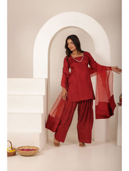 DEASHA INDIA - Alizeh Red Farshid Kurti with Palazzo and Dupatta (Set of 3)