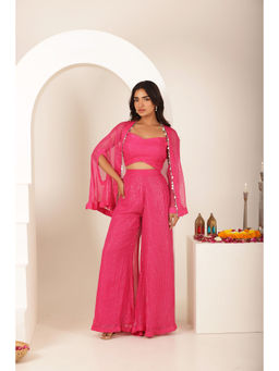 DEASHA INDIA - Pakhee Pink Lurex Blouse with Palazzo and Cape (Set of 3)