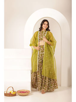 DEASHA INDIA - Saee Green Floral Forest Organza Sharara with Crop Top and Cape (Set of 3)