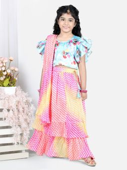 Kinder Kids - Multi Layer Kota Lehenga with Blue Floral Top (Set of 3)