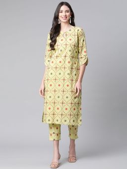 Indibelle - Cotton Pista Green Gold Floral Print Straight Kurta