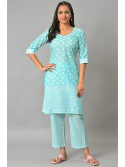 Aurelia - Blue Polka Dots Printed Cotton Kurta With Narrow Palazzo (Set of 2)