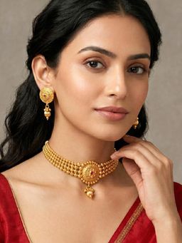 Peora - Faux Ruby Studded Gold Plated Necklace with Earrings