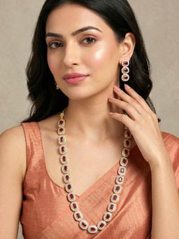 Peora - CZ & Maroon Crystal Studded Gold Plated Long Necklace & Earrings