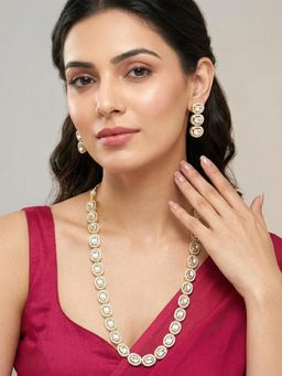 Peora - CZ & White Studded Gold Plated Long Necklace & Earrings