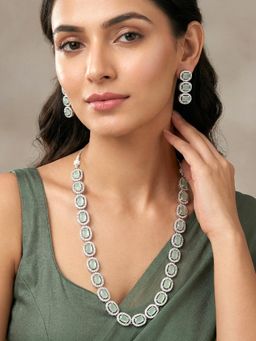 Peora - CZ & Silver Studded Gold Plated Long Necklace & Earrings