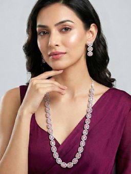 Peora - CZ & Pink Studded Gold Plated Long Necklace & Earrings