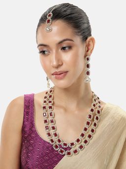 Peora - CZ and Maroon Gold Plated Necklace & Earrings with Maangtikka