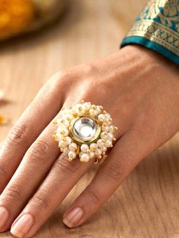 Peora - Crystal and Beads Studded Gold Plated Finger Ring - Adjustable