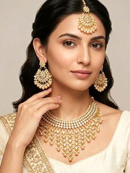 Peora - Kundan Beads Studded Gold Plated Necklace with Earrings & Maangtikka
