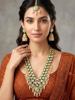 Peora - Green Kundan Gold Plated Long Necklace with Earrings & Maangtikka