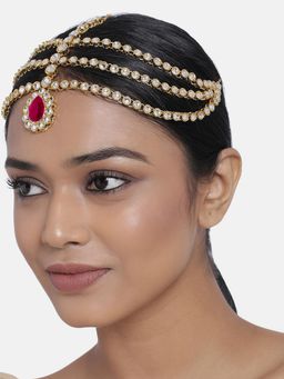 Peora - Gold Plated 3 Layer Traditional Pink Crystal White Kundan Matha Patti