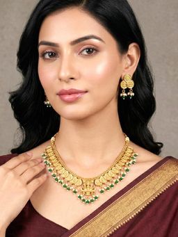 Peora - Green Beads Studded Gold Plated Necklace with Earrings
