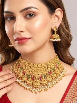 Peora - Faux Ruby Emerald and Beads Studded Gold Plated Necklace with Earrings