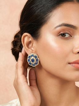 Peora - Cubic Zirconia and Blue Crystals Studded Gold Plated Stud Earrings