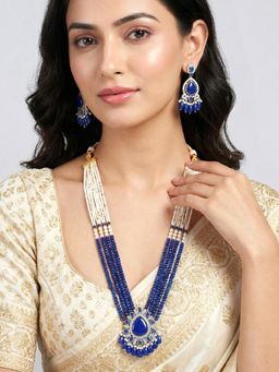Peora - CZ Blue Beads and Faux Long Necklace with Earrings