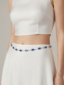 Peora - CZ & Blue Crystals Studded Silver Plated Kamarbandh Belly Chain