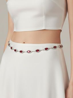 Peora - CZ & Red Crystals Studded Silver Plated Kamarbandh Belly Chain