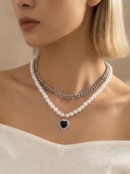 Peora - Pearl Studded Silver Plated Fancy Two Layer Pendant Chain Necklace