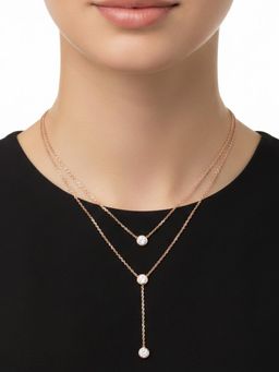 Peora - Crystal Studded Rose Gold Plated Fancy Two Layer Chain Necklace
