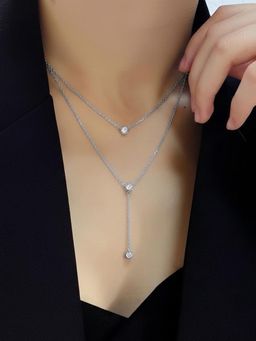 Peora - Crystal Studded Silver Plated Fancy Two Layer Chain Necklace