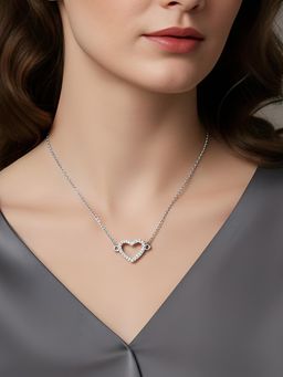 Peora - Cz Studded Silver Plated Heart Shape Pendant Chain Necklace