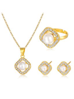 Peora - CZ and Pearl Studded Gold Plated Pendant Chain with Stud Earrings & Ring