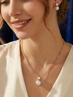 Peora - Crystal and Pearl Studded Gold Plated Pendant Chain with Earrings