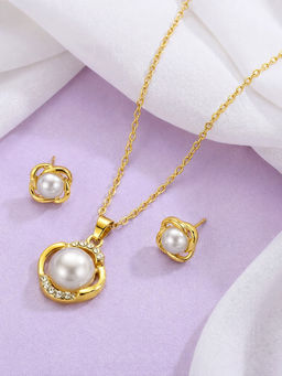 Peora - CZ and Pearl Studded Gold Plated Fancy Pendant Chain with Earrings