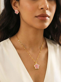 Peora - Gold Plated Pink Floral Pendant Chain Necklace with Earrings
