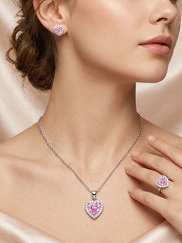 Peora - Purple Heart Shape Pendant Chain Necklace with Earrings & Ring