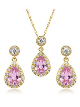 Peora - Gold Plated Pink Tear Drop Pendant Chain Necklace with Earrings