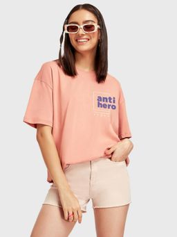Bewakoof - Women's Pink Anti Hero Graphic Printed Oversized T-shirt