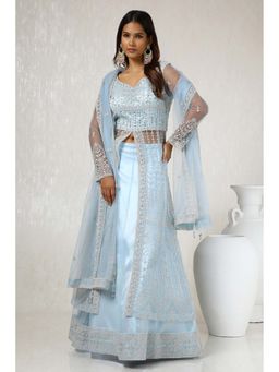 Soch - Women Powder Blue Net Embroidered Mirror & Stone Top with Skirt & Dupatta (Set of 3)
