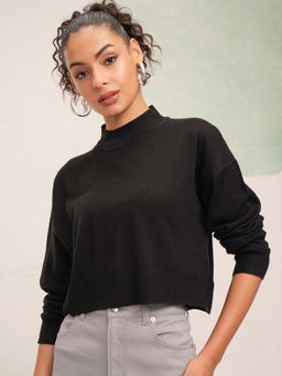 TOKYO TALKIES - Women Jet Black Round Neck Knitted Sweater