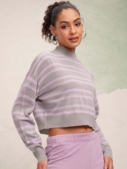 TOKYO TALKIES - Women Grey Melange Horizontal Striped Knitted Sweater