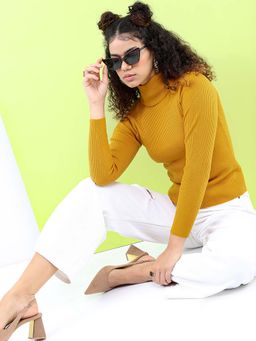 TOKYO TALKIES - Women Mustard Ribbed Acrylic Pullover Sweater