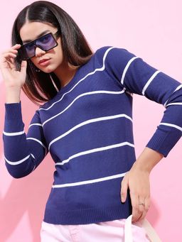 TOKYO TALKIES - Women Navy Blue Striped Pullover