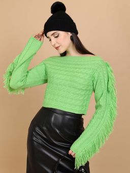 TOKYO TALKIES - Women Green Cable Knit Self Design Boat Neck Fringed Crop Pullover Sweater