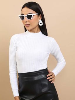 TOKYO TALKIES - Women White Ribbed High Neck Fitted Sweater