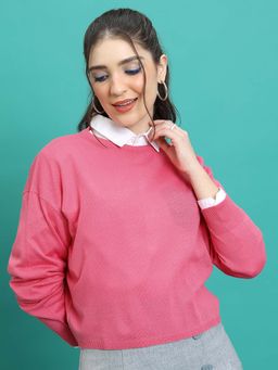 TOKYO TALKIES - Women Pink Round Neck Long Sleeves Acrylic Pullover Sweater