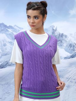 TOKYO TALKIES - Women Purple Cable Knit Self Design V-Neck Acrylic Sweater Vest