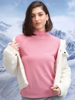 TOKYO TALKIES - Women Pink Ribbed High Neck Pullover Sweater