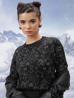 TOKYO TALKIES - Women Black Self Designed Acrylic Pullover