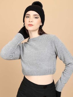 TOKYO TALKIES - Women Grey Ribbed Acrylic Crop Pullover Sweater