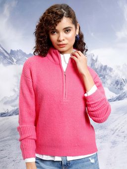 TOKYO TALKIES - Women Pink Cable Knit Self Design High Neck Cardigan