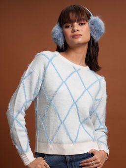 TOKYO TALKIES - Women White Geometric Self Designed Acrylic Pullover